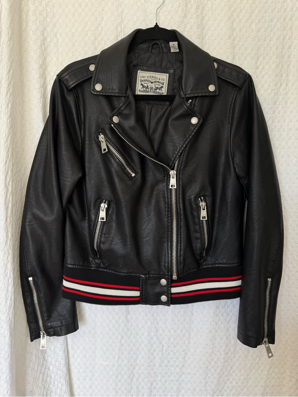 Levi’s Faux Leather Moto Jacket Varsity Stripe Rib Knit Hem Black Medium - Picture 2 of 8